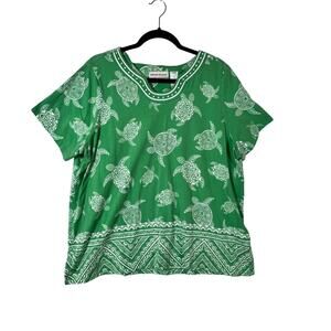 ALFRED DUNNER Womens Plus 1X Green Turtle Print Short Sleeve Stretch Top